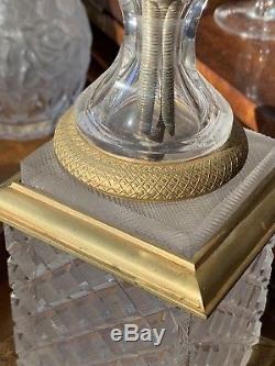 Pr Antique French Baccarat Empire Cut Crystal Bronze Mounted Swan Vases Lamps