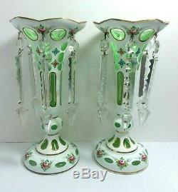 Pr Crystal Czech Bohemian Glass Mantle Lusters White Gold Cut to Green w Prisms