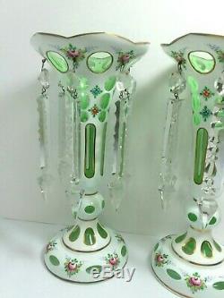 Pr Crystal Czech Bohemian Glass Mantle Lusters White Gold Cut to Green w Prisms