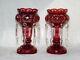 Pr antique Bohemian ruby mantle lustres crystal art glass stag rare set cut old