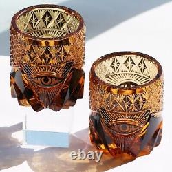 Premium Diamond Cut 8oz Whiskey Tumbler With Gift Pack/Coaster Amber Black