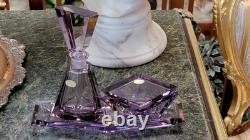 RARE AMETHYST Heavy Cut Crystal Glass DRESSER SET Perfume, Box and Tray Signed