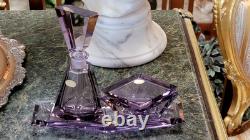 RARE AMETHYST Heavy Cut Crystal Glass DRESSER SET Perfume, Box and Tray Signed