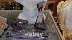 RARE AMETHYST Heavy Cut Crystal Glass DRESSER SET Perfume, Box and Tray Signed