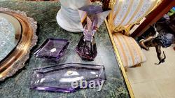 RARE AMETHYST Heavy Cut Crystal Glass DRESSER SET Perfume, Box and Tray Signed