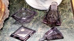 RARE AMETHYST Heavy Cut Crystal Glass DRESSER SET Perfume, Box and Tray Signed