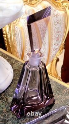 RARE AMETHYST Heavy Cut Crystal Glass DRESSER SET Perfume, Box and Tray Signed