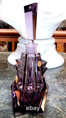 RARE AMETHYST Heavy Cut Crystal Glass DRESSER SET Perfume, Box and Tray Signed