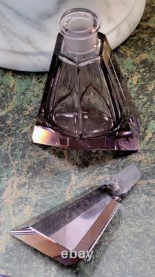 RARE AMETHYST Heavy Cut Crystal Glass DRESSER SET Perfume, Box and Tray Signed
