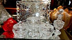 RARE AMETHYST Heavy Cut Crystal Glass DRESSER SET Perfume, Box and Tray Signed