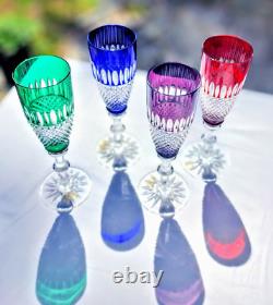 RARE Ajka Hungarian Crystal Cut to Clear Colorful Champagne Flute Glasses 4pc