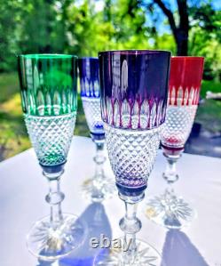 RARE Ajka Hungarian Crystal Cut to Clear Colorful Champagne Flute Glasses 4pc