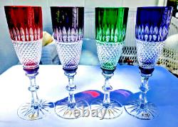 RARE Ajka Hungarian Crystal Cut to Clear Colorful Champagne Flute Glasses 4pc