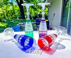 RARE Ajka Hungarian Crystal Cut to Clear Colorful Champagne Flute Glasses 4pc