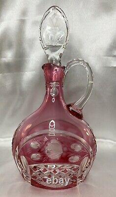 RARE Cranberry Ruby Red Cut to Clear Etched Instalgia Roses Crystal Decanter