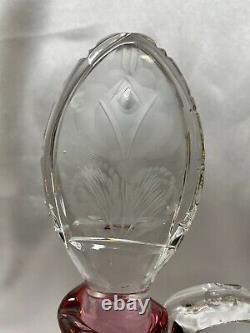 RARE Cranberry Ruby Red Cut to Clear Etched Instalgia Roses Crystal Decanter