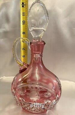 RARE Cranberry Ruby Red Cut to Clear Etched Instalgia Roses Crystal Decanter