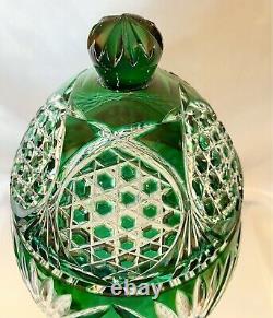 RARE Czech Bohemian Emerald Green Cut to Clear Crystal Lidded Pedestal Urn 13