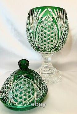 RARE Czech Bohemian Emerald Green Cut to Clear Crystal Lidded Pedestal Urn 13