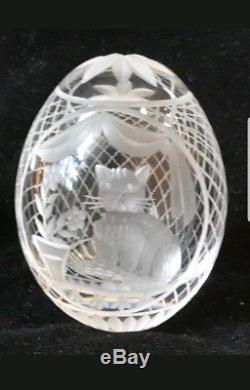 RARE Imperial RUSSIAN Faberge Cat KITTY Kitten Cut Crystal Glass Egg SIGNED RU