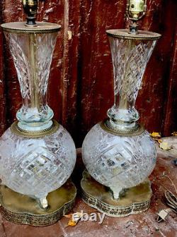 RARE PAIR Vintage Crystal Cut Glass Table Lamps French Victorian Deco Brass 34