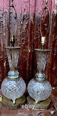 RARE PAIR Vintage Crystal Cut Glass Table Lamps French Victorian Deco Brass 34