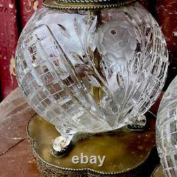 RARE PAIR Vintage Crystal Cut Glass Table Lamps French Victorian Deco Brass 34