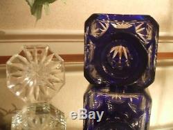 RARE SQUARE CUT TO CLEAR COBALT BLUE CRYSTAL GLASS DECANTER With ORIGINAL STOPPER