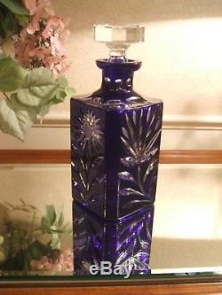 RARE SQUARE CUT TO CLEAR COBALT BLUE CRYSTAL GLASS DECANTER With ORIGINAL STOPPER