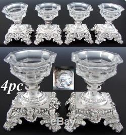 RARE Set of 4 Antique French Sterling Silver & Cut Glass or Crystal Open Salts