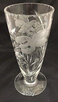 RARE! Stunning HAWKES Crystal Footed Vase, Satin Iris Pattern, 8 7/8 Tall