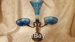 RARE Vintage 14T Blue CUT TO CLEAR Crystal Glass Epergne w ORNATE Base