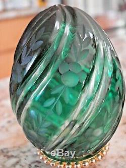 RARE Vintage Hand Cut Crystal Green Glass Solid Egg on Stand Faverge 0549 MIB