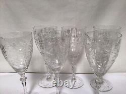 RR54 Vintage Old Circa Mid Century Cut Crystal Goblet Etched Wine Glass Set of 6