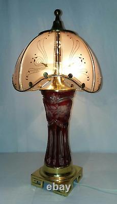 RUBY RED Glass Table Lamp Red Crystal Cut To Clear, Brass Base, 18 1/2 Tall