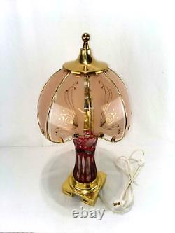 RUBY RED Glass Table Lamp Red Crystal Cut To Clear, Brass Base, 18 1/2 Tall