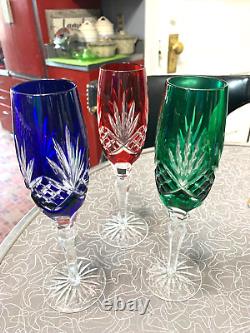 Rare AJKA Carolyne Cut Crystal Champagne Flutes Tall Color Cut to Clear Flutes