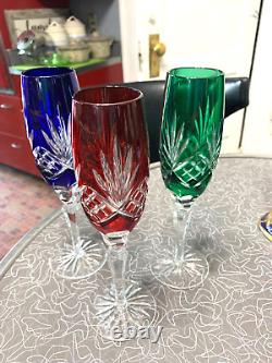 Rare AJKA Carolyne Cut Crystal Champagne Flutes Tall Color Cut to Clear Flutes