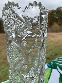 Rare American Brilliant Period Hawkes QUEENS 8 Cut Glass Cylinder Vase Signed