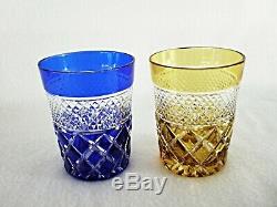 Rare Antique BACCARAT Crystal Cut to Clear Set 8 x Multi-Colored Whiskey Tumbler