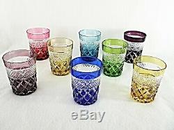 Rare Antique BACCARAT Crystal Cut to Clear Set 8 x Multi-Colored Whiskey Tumbler