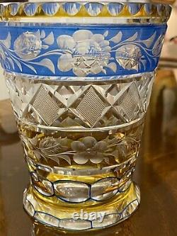 Rare Antq 2 Color Amber & Blue Cut To Clear Crystal Vase Intaglio Roses