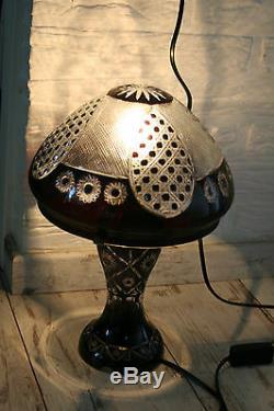 Rare Bohemian brown Cut clear glass crystal mushroom lamp 50's