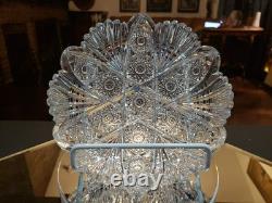 Rare Bowl 8, American Brilliant period Cut Glass Crystal Prism Fans & Hobstars