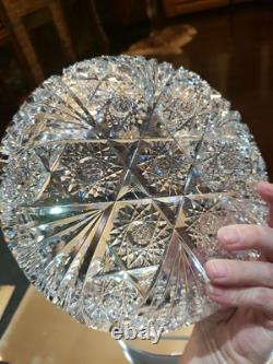 Rare Bowl 8, American Brilliant period Cut Glass Crystal Prism Fans & Hobstars