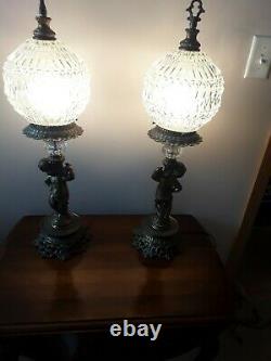 Rare Find Antique Cherub Table Lamps With Crystal Cut Glass Optical Shade/Globe