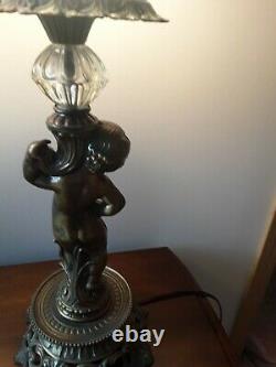 Rare Find Antique Cherub Table Lamps With Crystal Cut Glass Optical Shade/Globe