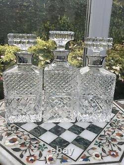 Rare OAK TANTALUS TRIPLE CUT GLASS DECANTERS STERLING SILVER COLLARS GARRARD VGC