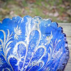 Rare Pattern St Lambert Cut To Clear Cobalt Blue Bohemian Crystal Bowl AS IS