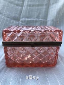 Rare Pink French Royal Brass & Cut Pink Crystal Glass Hinged Casket Trinket Box